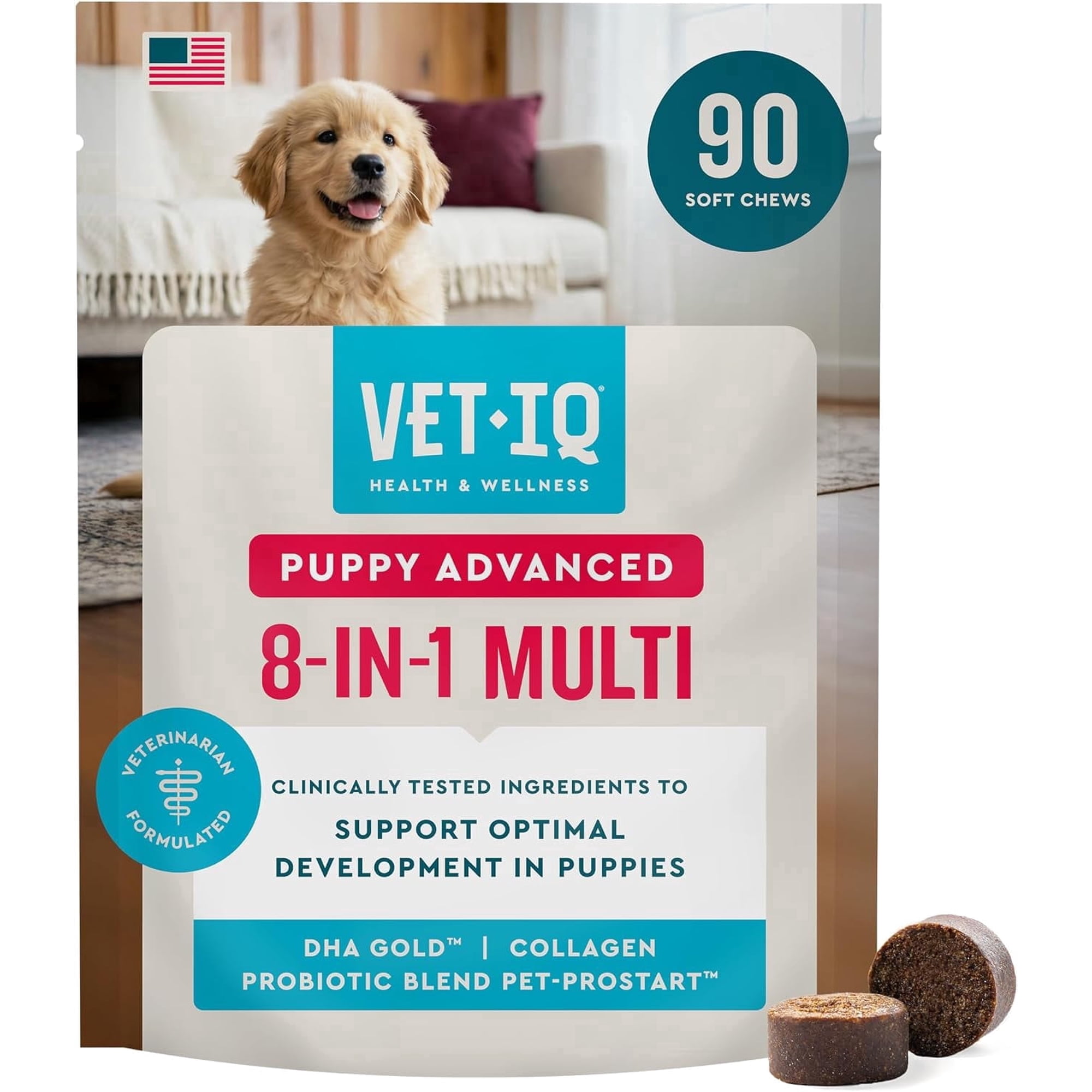 VetIQ Advanced 8-in-1 Puppy Multivitamin Supplement, Daily Vitamins, Immune Support, Joint, Skin & Coat, Brain, Digestive & Hip Health for Puppies, 90 Count