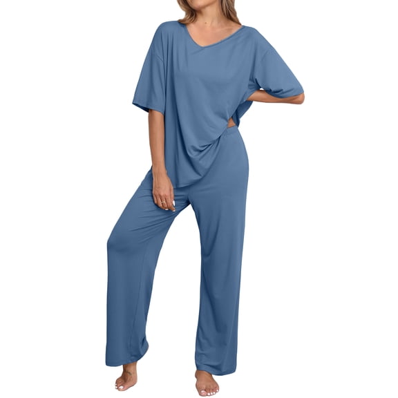 MINTREUS Lounge Sets for Women Knit Short Sleeve V-neck Tops and Long Pants Soft Comfy Pajamas Set Oversized 2 Piece Outfits