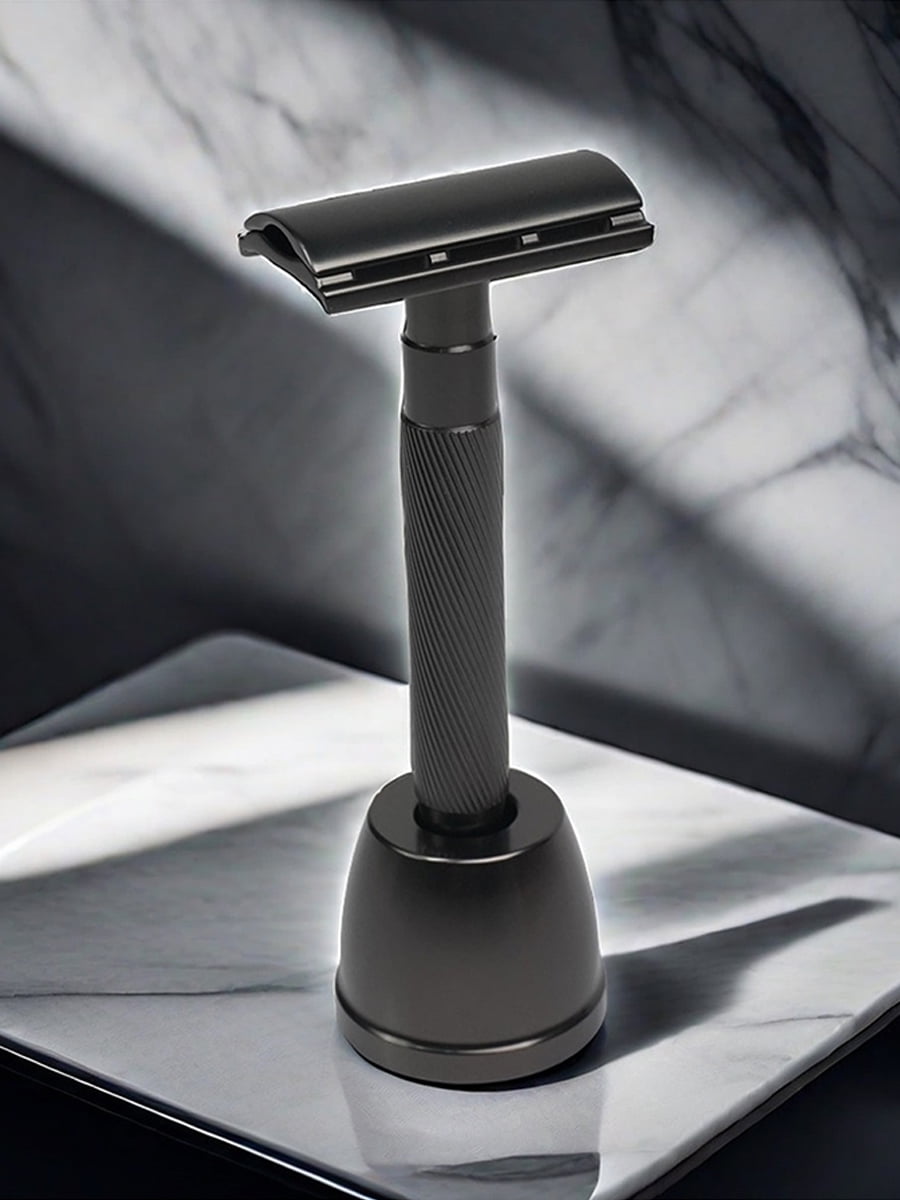 Waysh Classic Double Edge Safety Razor Gift Set for Men with Knurled Non-Slip Handle, Includes Stand & 20 Blades, Gunmetal Grey