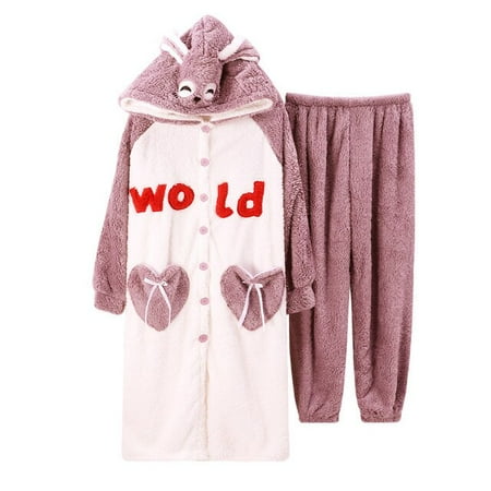

DanceeMangoo FUNISHI Women Sleepwear Coral Fleece Cartoon Nightdress Plus Size Hooded Loose Version Inspissate Pajama Set Winter Pajamas