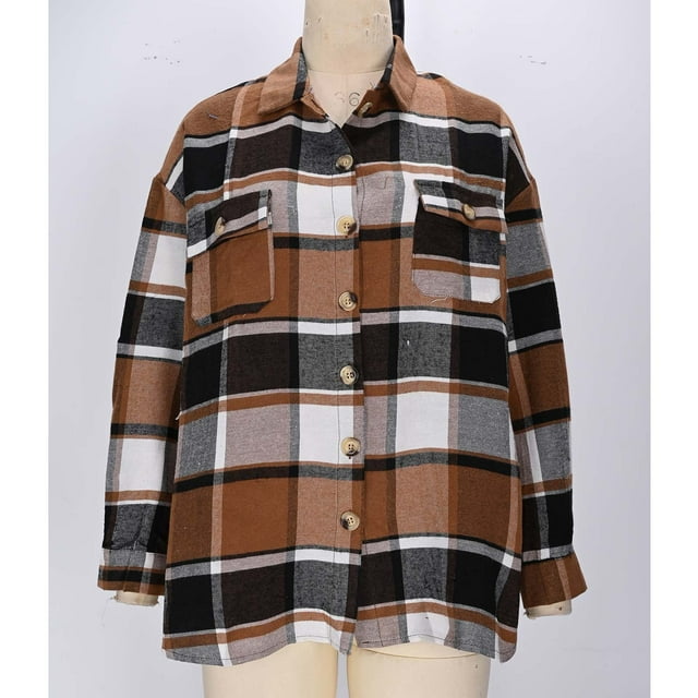 EGNMCR Long Sleeve Hoodless Casual Outwear & Jackets Women's Long Sleeved Front Opening Loose Outer Garment Plaid Shirt Jacket Shirt Women top