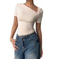thumbnail image 2 of Women'S Off the Shoulder Tops Bo-W Y2k T Shirt Short Sleeve Fitted Summer Tee Cream White S, 2 of 7