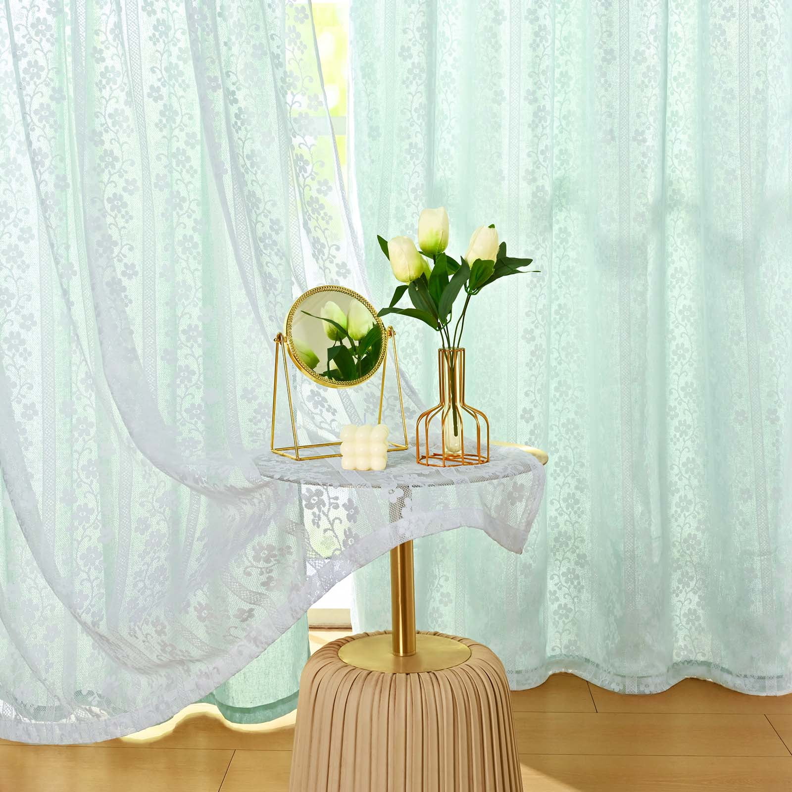 Alishomtll Teal Linen Curtains with Lace Sheer 84 Inches Long, Double Layer Light Filtering Window Drapes for Bedroom Living Room,W52 X L84,2 Panels