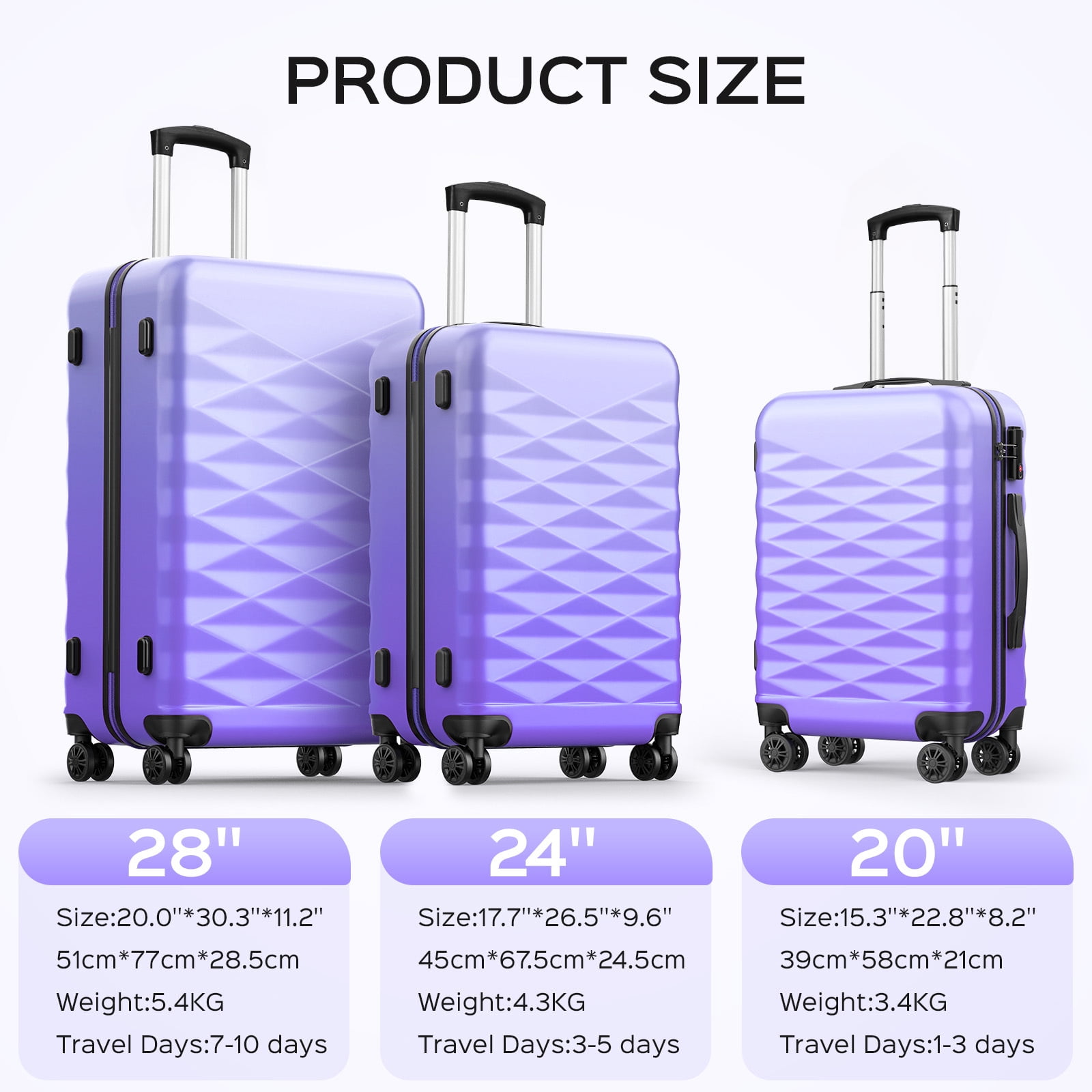 2PC Luggage Set,Lightweight Harshell 20" Carry-On & 28" Checked Suitcase with Spinner Wheels and TSA Lock,Purple