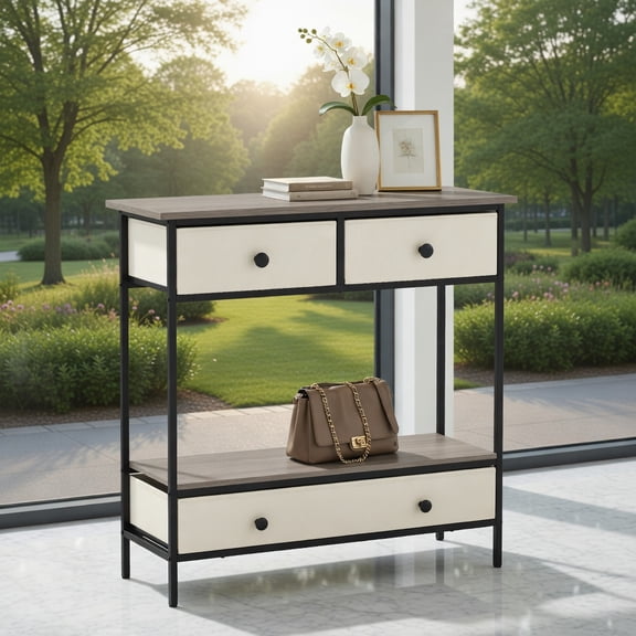 Resenkos Farmhouse Entryway Table with Storage Shelf, Classic Console Table with Drawers for Hallway, Living Room, Gray