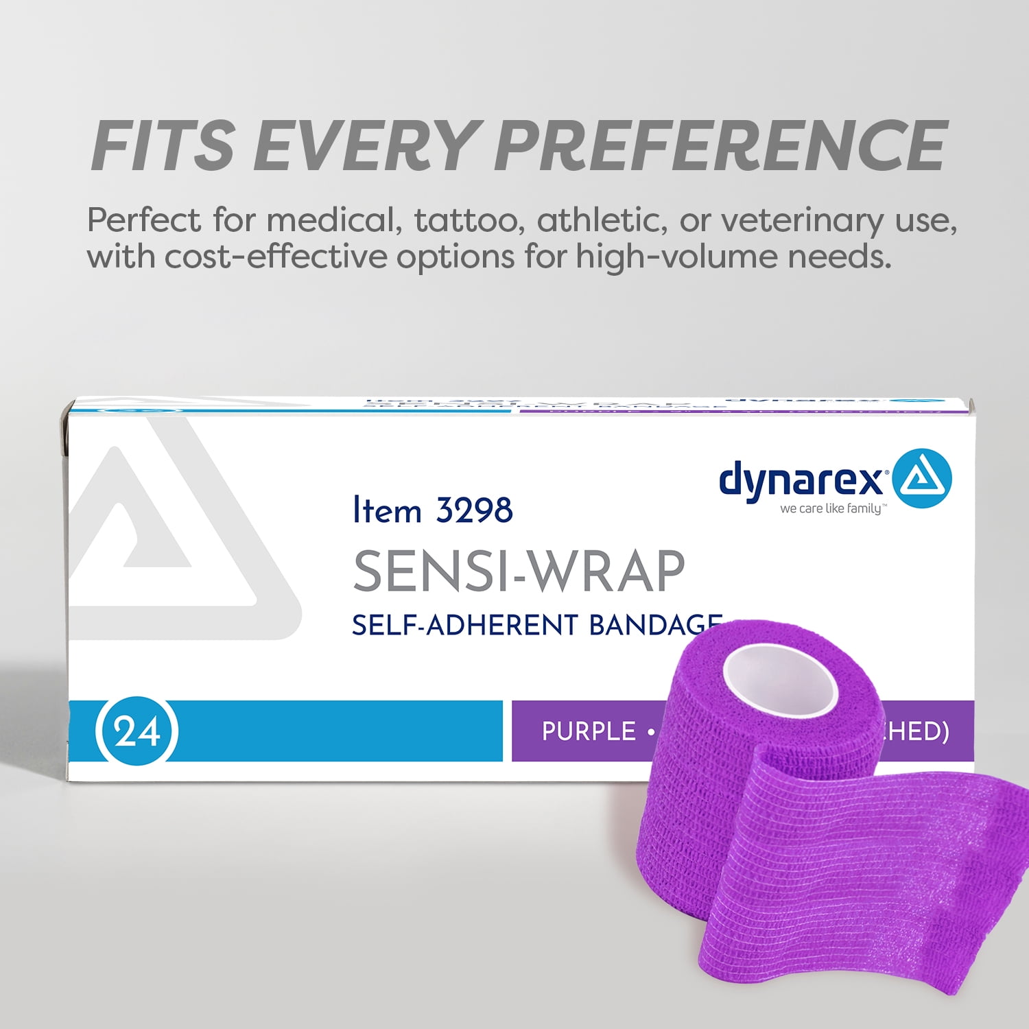 Dynarex Sensi-Wrap Self-Adhesive Bandages, 24-Pack, 3" x 5 yards, Purple, Latex, Colored Elastic Cohesive Athletic Tape, Tattoo Grip & Vet Wrap