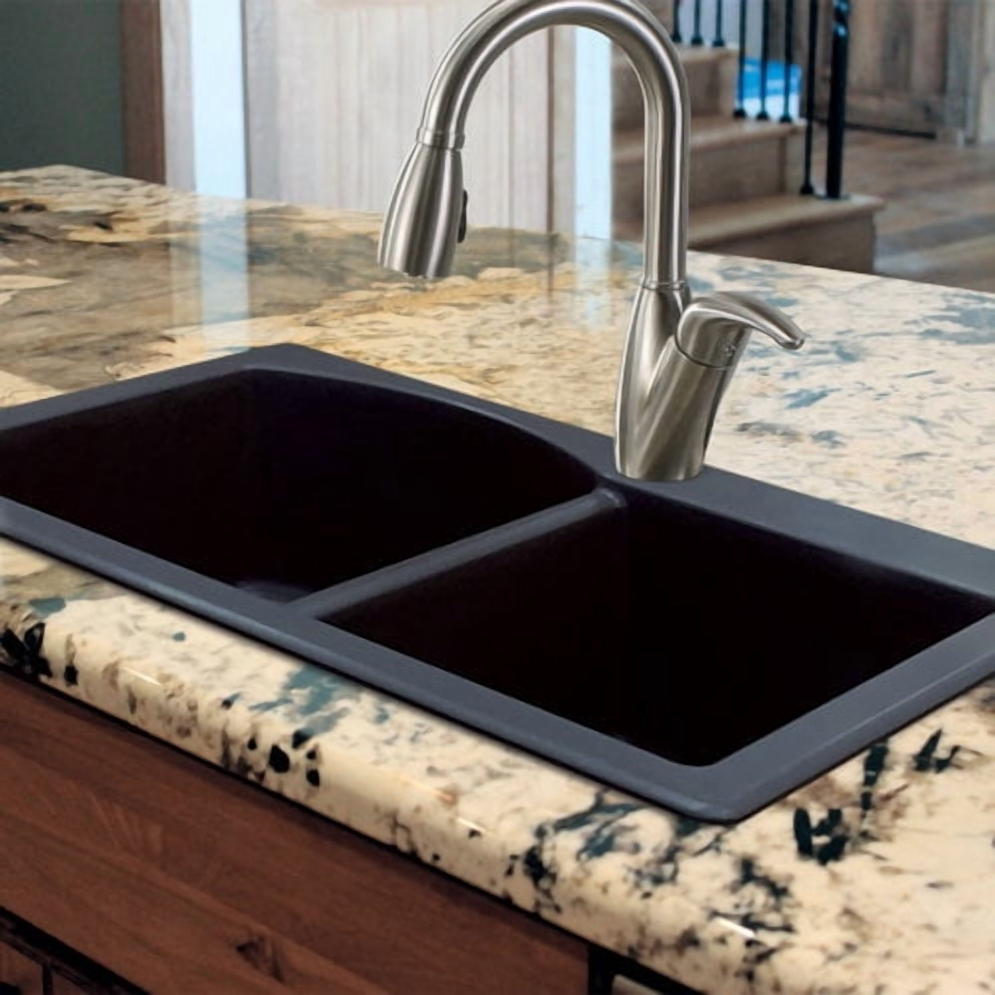 Transolid Aversa 33'' L x 22'' W Granite Double Offset Drop-in Kitchen Sink