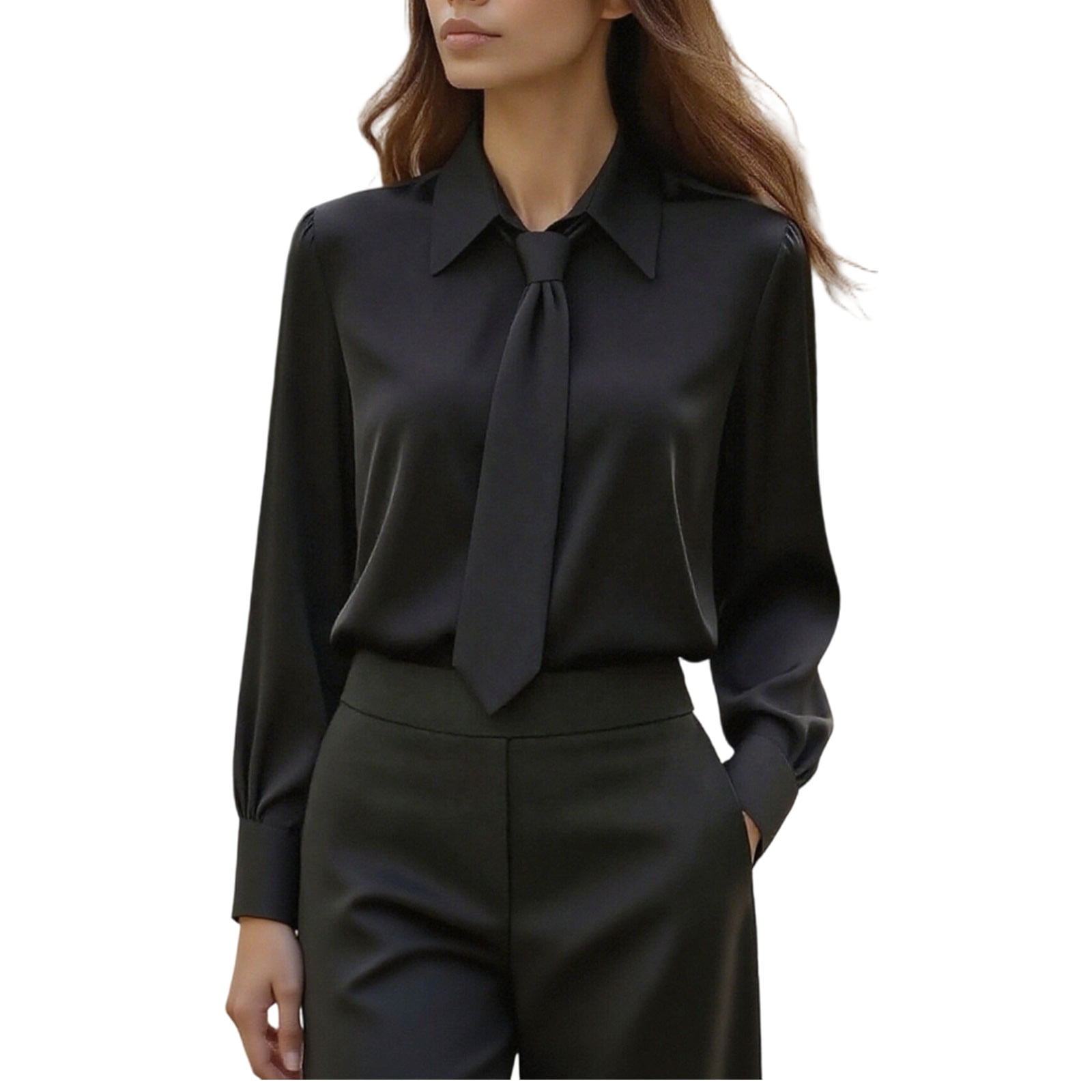 JGGSPWM Women's Bow Tie Neck Button Down Shirts Silk Blouses Long