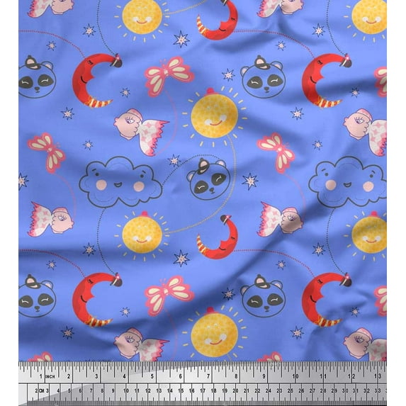 Soimoi Blue Silk Fabric Moon,Insect & Panda Face Kids Decor Fabric Printed BTY 42 Inch Wide