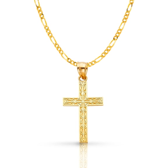 14K Yellow Gold Cross Pendant with 1.9mm Figaro 3 1 Chain Chain Necklace