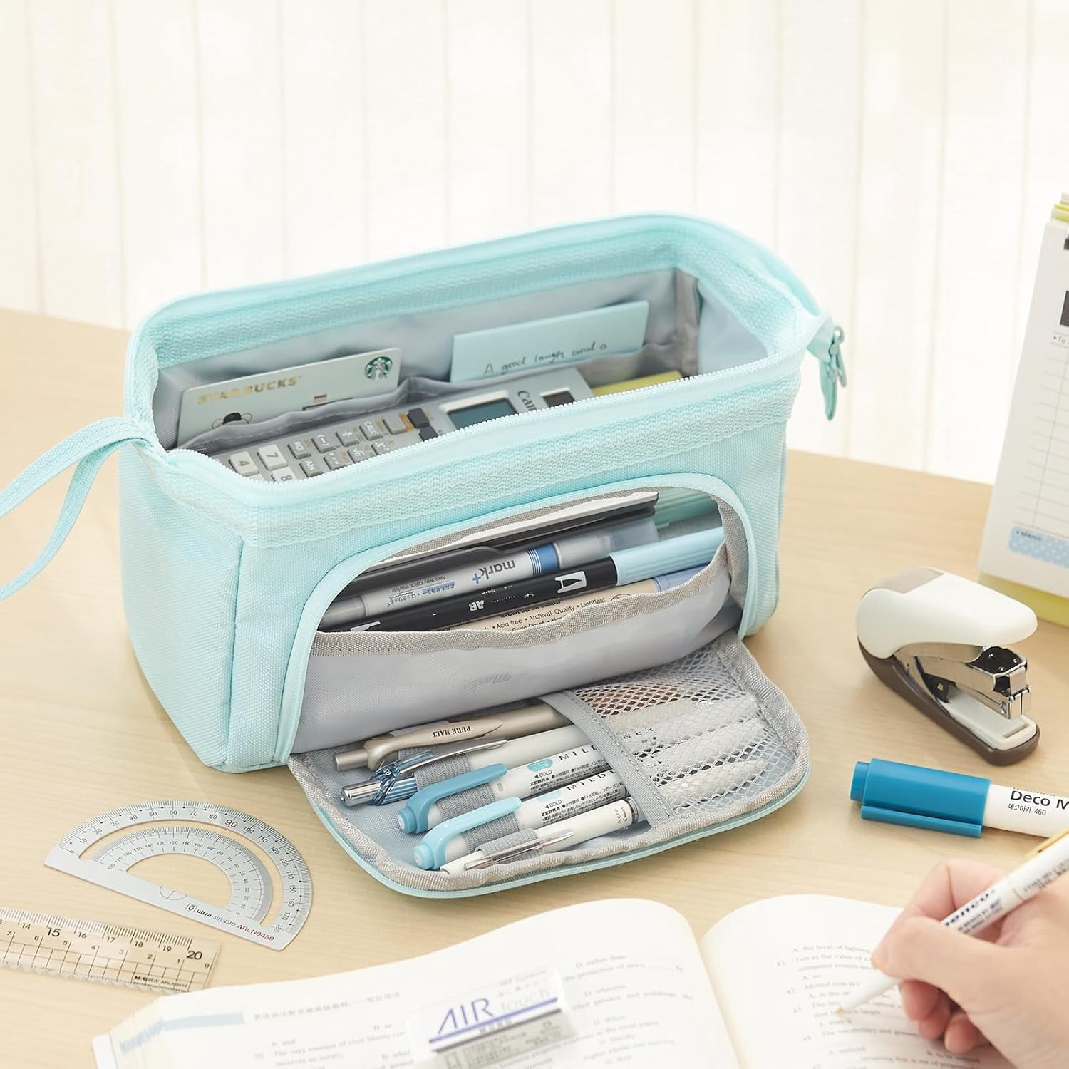 OBOSOE Pencil Case Large Capacity Pencil Pouch Handheld Pen Bag Cosmetic Portable Gift for Office Men Women Adult (Blue)