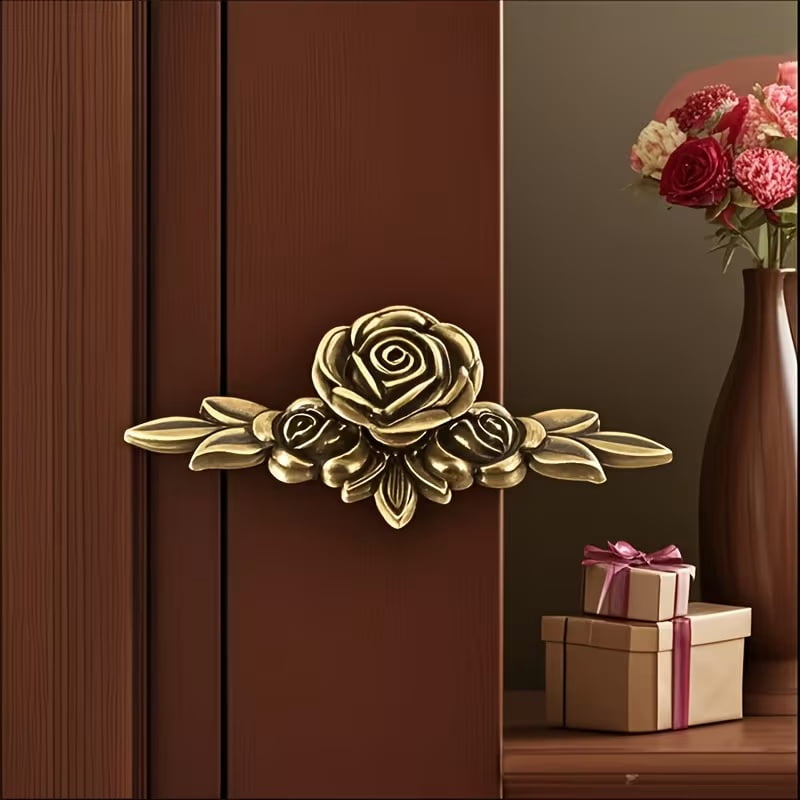 2pcs Vintage Brass Rose Flower Drawer Handles - Ornate Zinc Alloy Cabinet Knobs for Wardrobe, Dresser, and Cabinets - Easy Installation with Included Hardware
