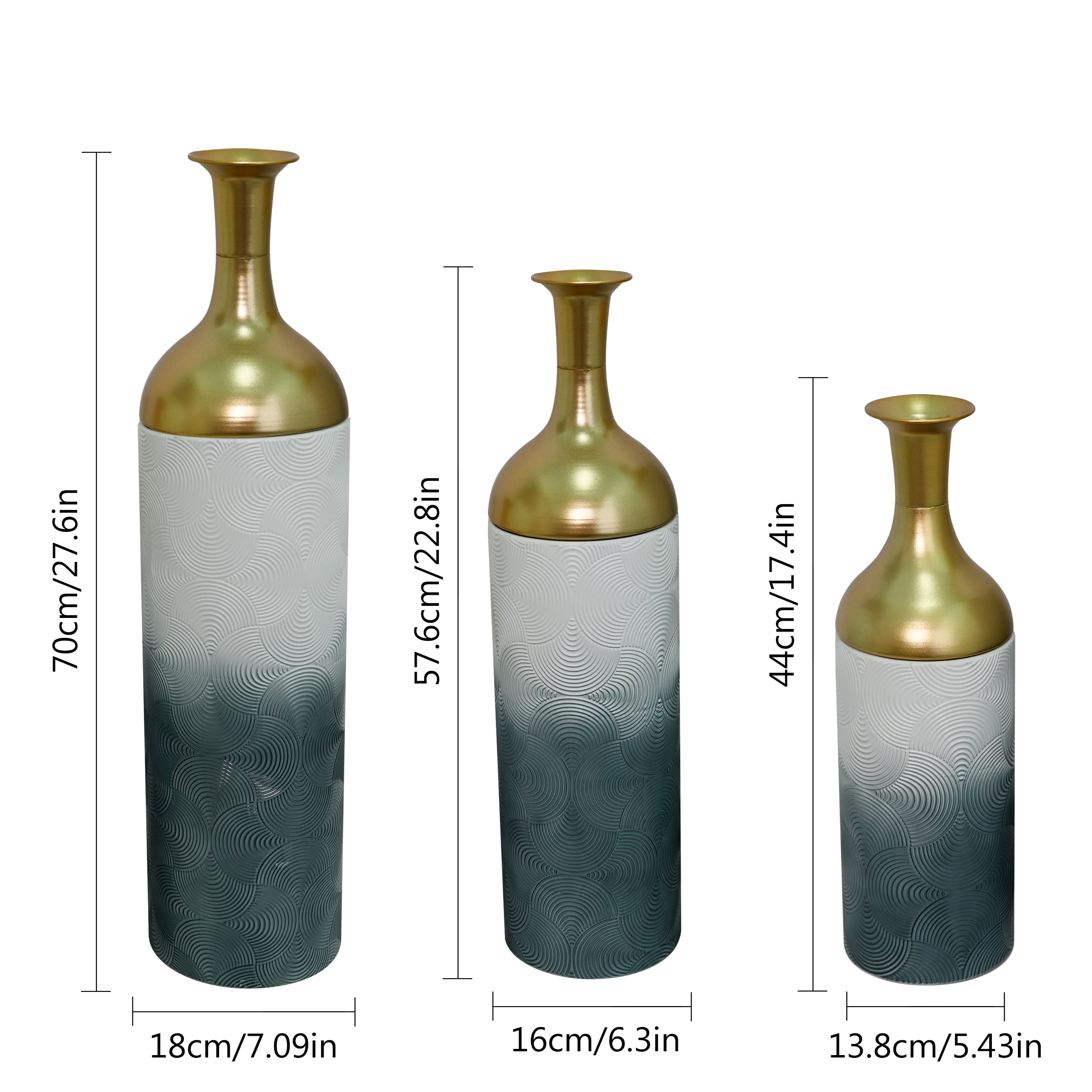 Metal Floor Vases Set of 3 with Leaf Pattern, Tall Decorative Vases and Home Decor Accents for Living Room Entryway, Antique Grey and White