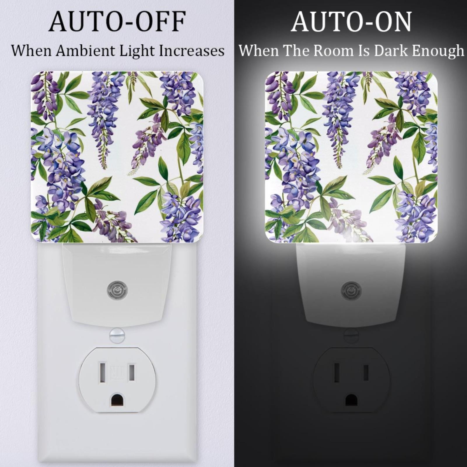 PhooArto Purple Wisteria Flower Pattern Plug in LED Night Light Auto Sensor Dusk to Dawn Decorative Night for Bedroom, Bathroom, Kitchen, Hallway, Stairs, Baby's Room, Energy Saving