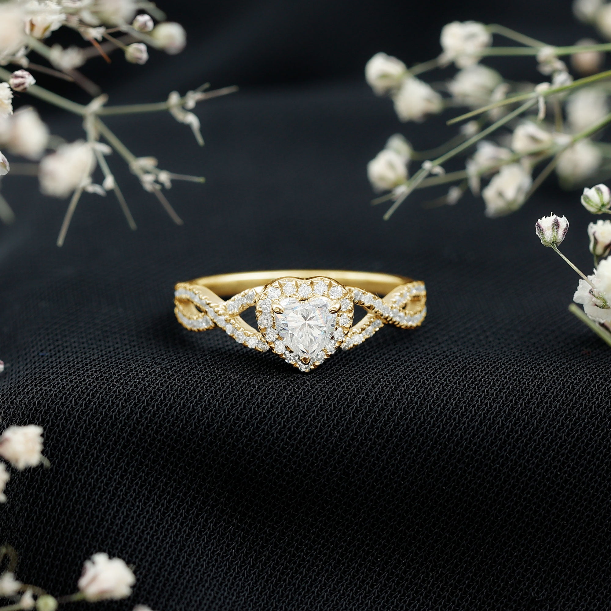 Rosec Jewels Moissanite Heart Engagement Ring for Women - 1/2 Carat - Moissanite Halo Crossover Ring - D-VS1 Grade, 14K Yellow Gold, US 9.00