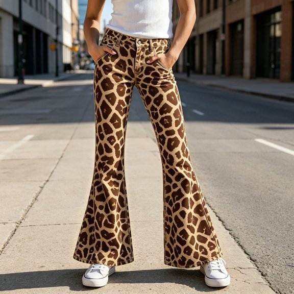 FYDUU Girls Flared Pants Animal Print Giraffe Pattern Casual Bell Bottom Trousers with Pockets Back to School Slacks for Kids Girls Trousers 15-16 Years