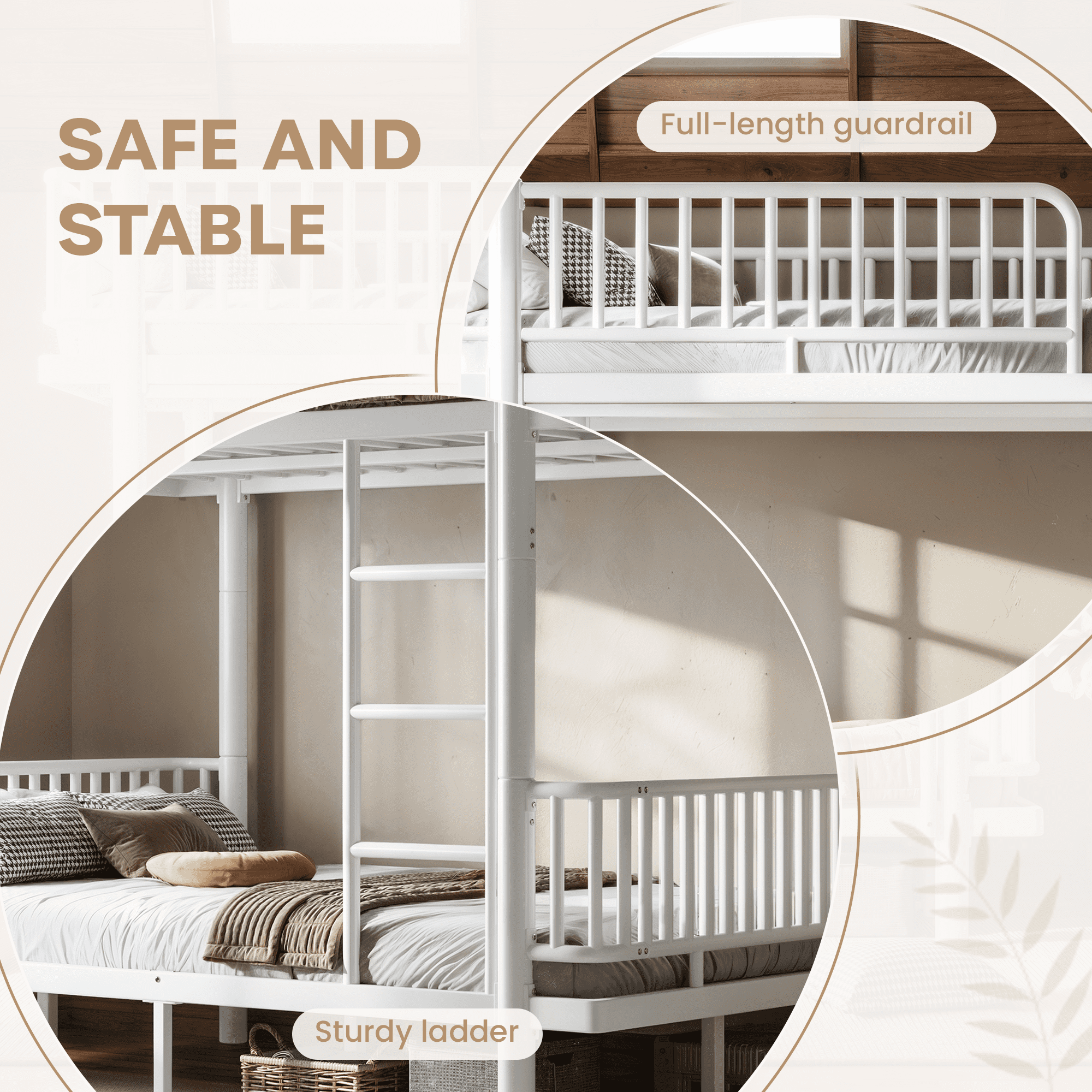 Leumius Full over Full Bunk Bed Frame with Ladders & Guardrails, Metal Bunk Bed Frame with Upgraded Safety Round-Pipe Design, Can Transformed into 2 Platform Bed for Teens Adults White
