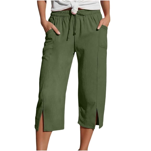 Yievot Womens Capri Pants Summer Elastic Waist Casual Pants Side Slit Drawstring Beach Capris with Pockets