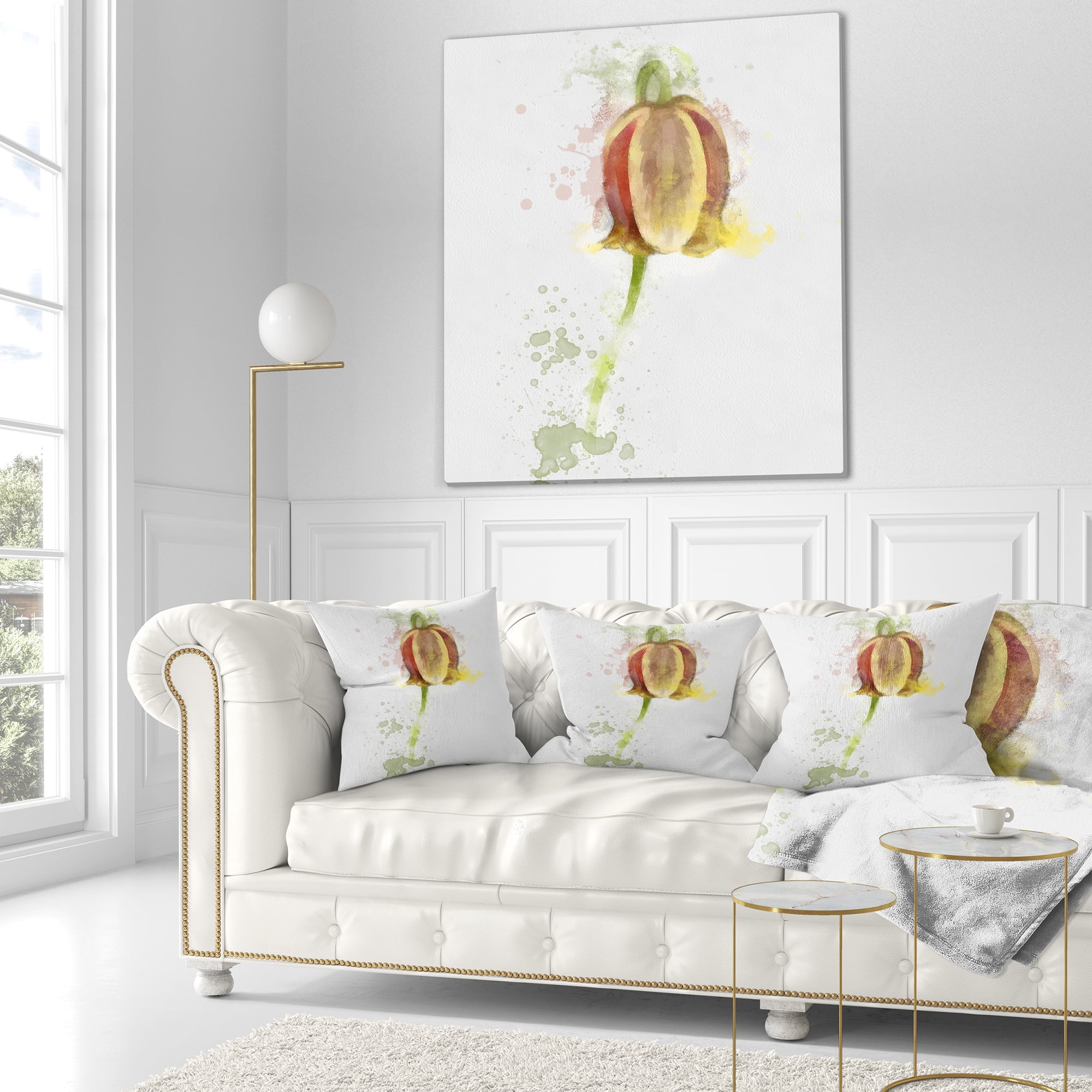 Designart Brown Tulip Sketch Watercolor - Floral Throw Pillow - 18x18