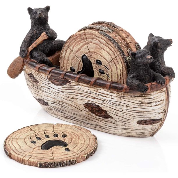6 posavasos rústicos de tamaño completo en canoa hecha a mano con adorables figuras de oso negro - Decoraciones de cabaña de troncos de oso negro