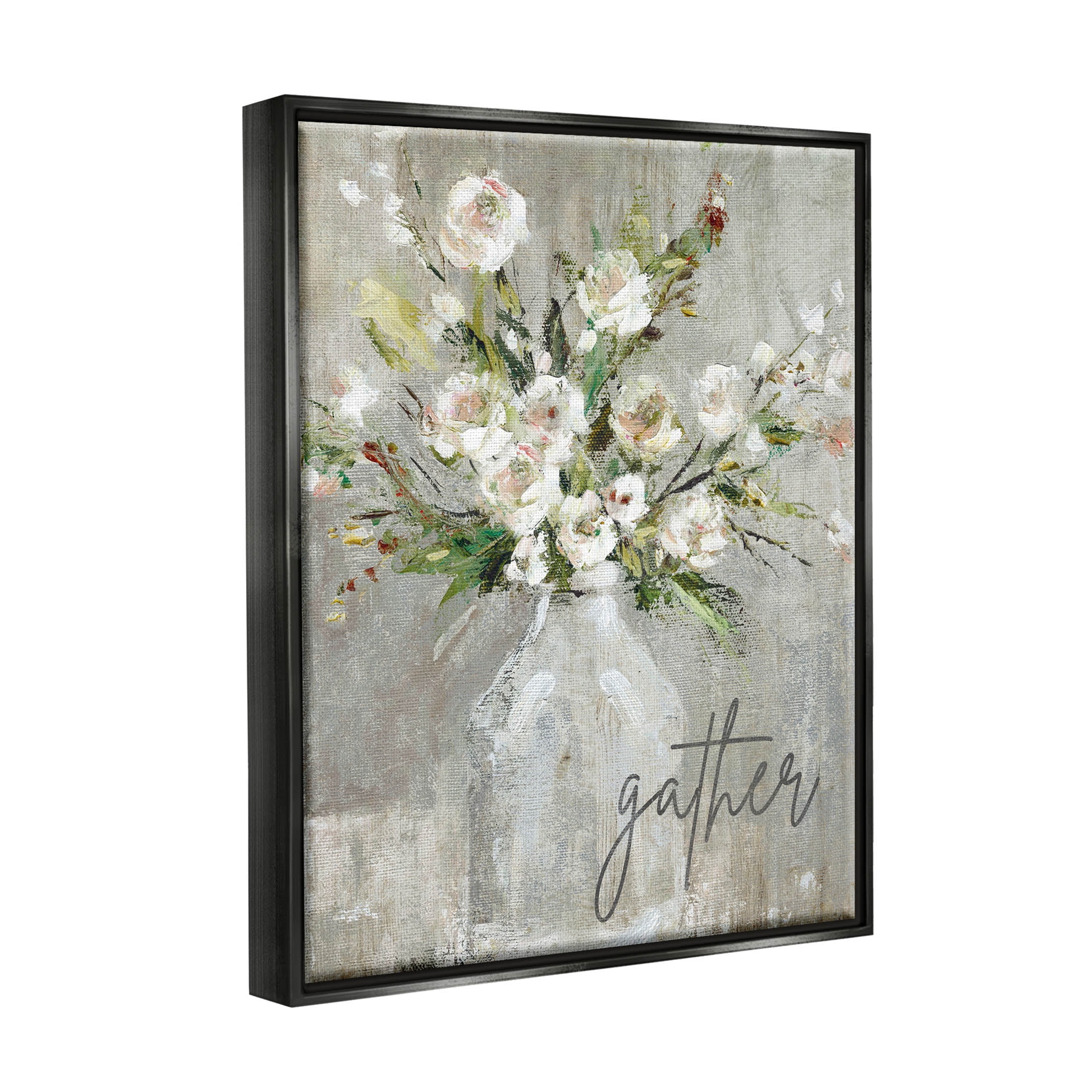 Stupell Industries Gather White Floral Bouquet Graphic Art Jet Black Floating Framed Canvas Print Wall Art, Design by Carol Robinson