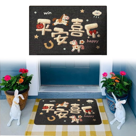 2026 Year of the Horse Door Mat (35.43x23.62in) – Velvet Non-Slip Welcome Mat with "Peace & Joy" Motif Indoor/Outdoor Entryway Decor(Black-K)