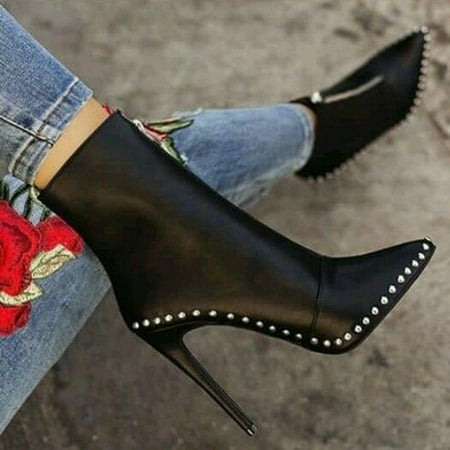 

Juebong Christmas Deals Women s Punk Front Zip Metal Embellished Leather Mid-Cut High Heel Rider Boots 7.5 Black