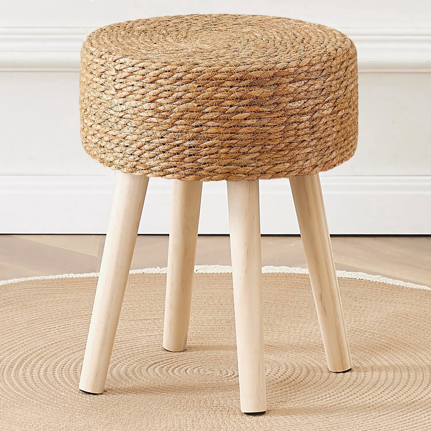 Casa Pura Furniture Ottoman Footstool, Natural Seagrass Round Hand Woven Hyacinth with Solid Wood Legs, Indoor Outdoor, 13 in L x 13 in W x 16.3 in H