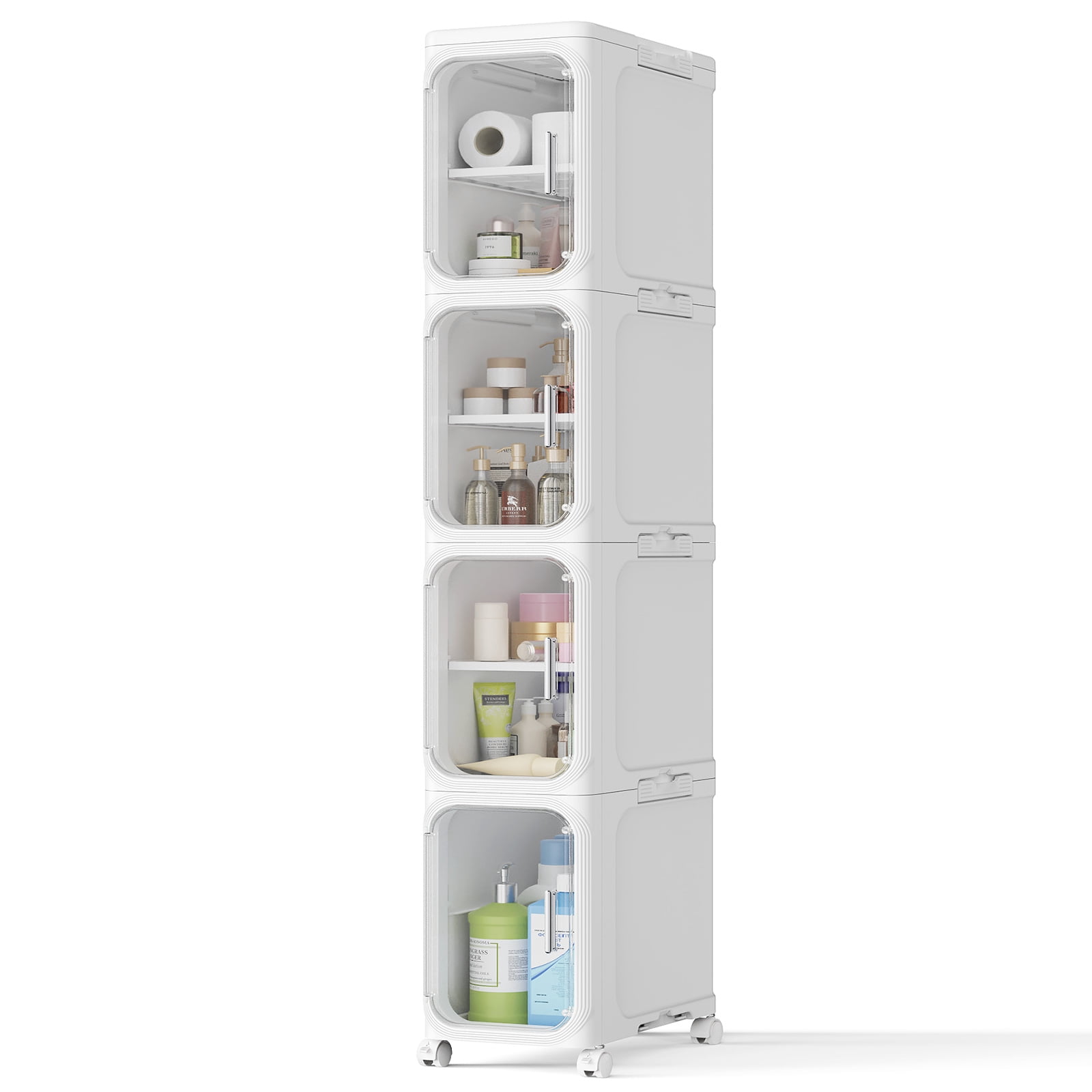 BROVIEW 4-Tier Slim Bathroom Storage Cabinet, Foldable Narrow Bathroom Cabinet Organizer for Small Spaces, Adjustable Fridge & Vanity Gap Storage, Easy Move, White
