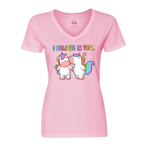 Inktastic I Believe in You Cute Rainbow Unicorns Women's V-Neck T-Shirt
