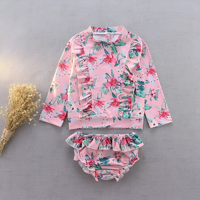 Maillot de Bain Fille Enfant Ensemble anti-UV Mignon Imprimé Protection Solaire Manches Longues Maillots de Bain Athlétiques 4-5 Ans