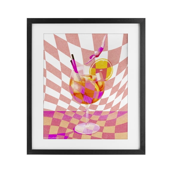 Retro Checkered Summer Cocktail Black Framed Print Under Glass, design by Lil' Rue
