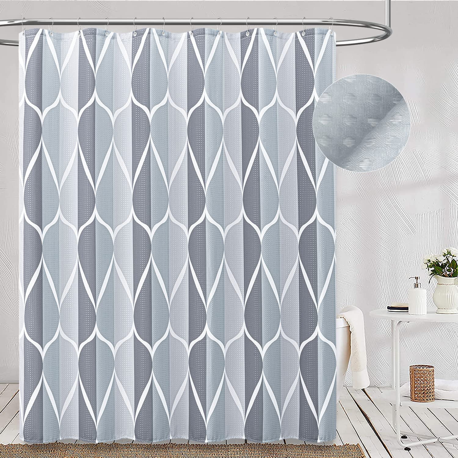 Extra Long Shower Curtain, 72x84 Inch Long Waffle Weave Water Repellent Fabric Shower Curtain