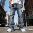 thumbnail image 3 of Men's Distressed Straight Leg Stretch Jeans: Relaxed Fit Denim with Ripped Details & Raw Hem | Comfort Flex Fabric, Standard Sizing, 3 of 7