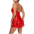 thumbnail image 3 of QATAINLAV Sequin Jumpsuits for Women Sleeveless Straps V Neck One Piece Skorts Fashion Glitter Short Rompers for Cocktail Evening Party Red L Mother's Day Gifts, 3 of 6