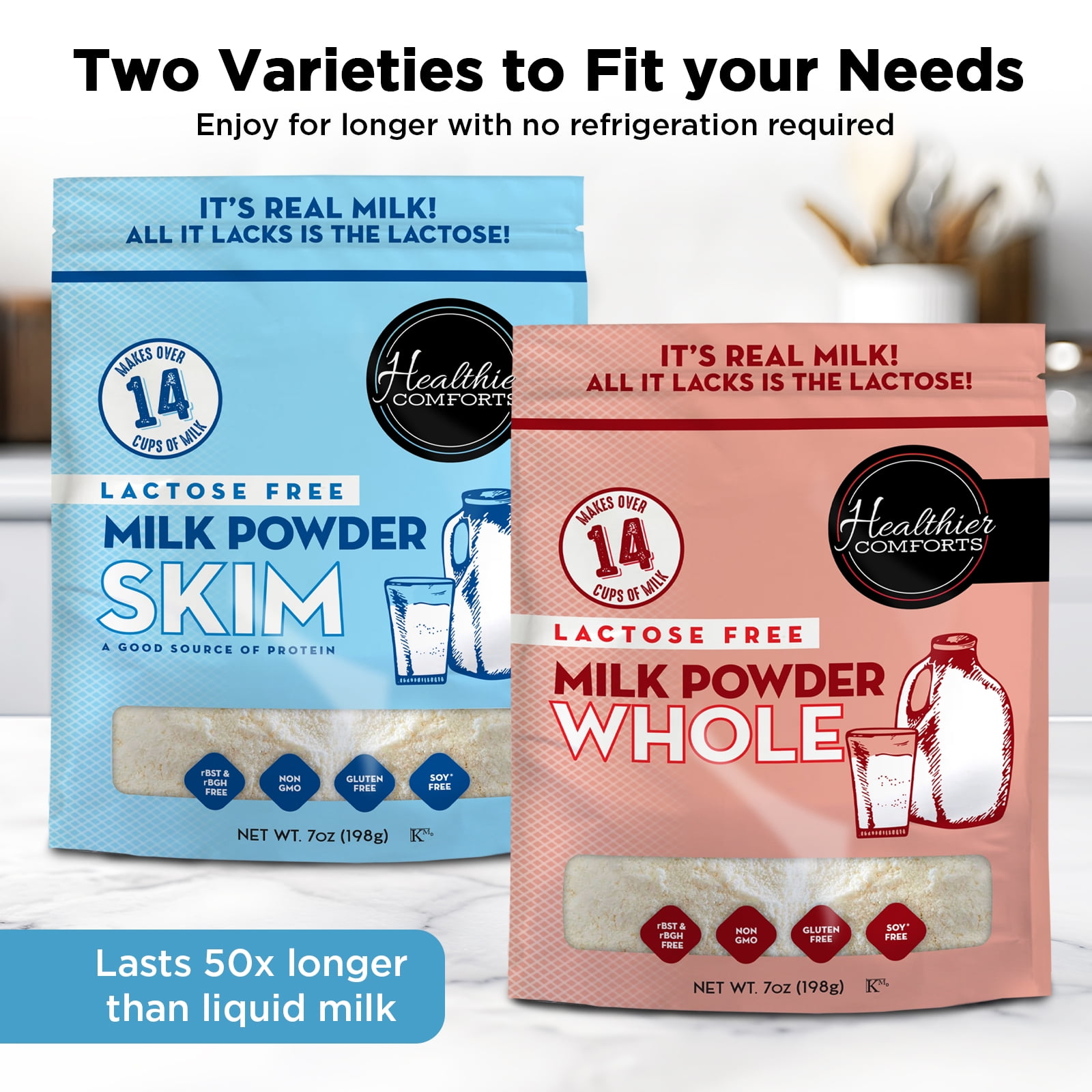Healthier Comforts Lactose Free Whole Milk Powder 21oz | Non-GMO, rBST Hormone Free, Kosher, Gluten Free, No Fillers | Baking, Coffee Creamer, Shakes, Pantry Staple, Camping