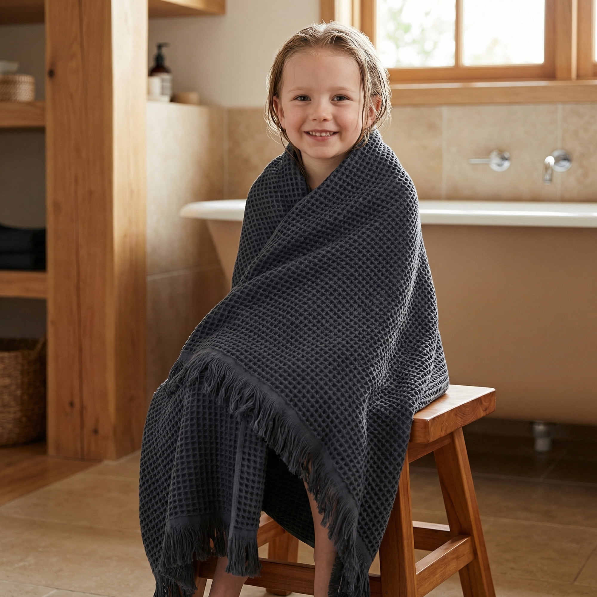 Unique Bargains Highly Absorbent Cotton Waffle Bath Towel with Tassel Dark Blue 71" x 35"