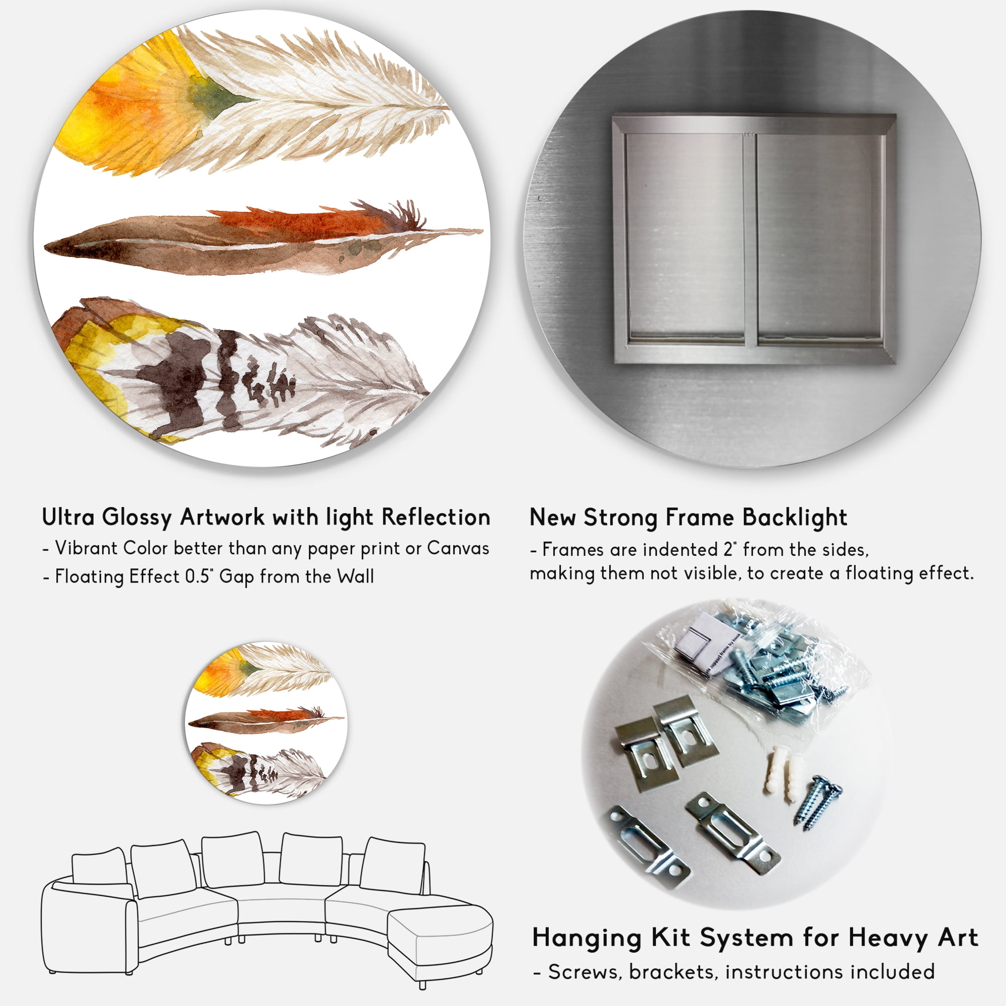 Designart 'Ethnic Yellow Feather From Wing On White' Bohemian & Eclectic Circle Metal Wall Art 23x23 - Disc of 23