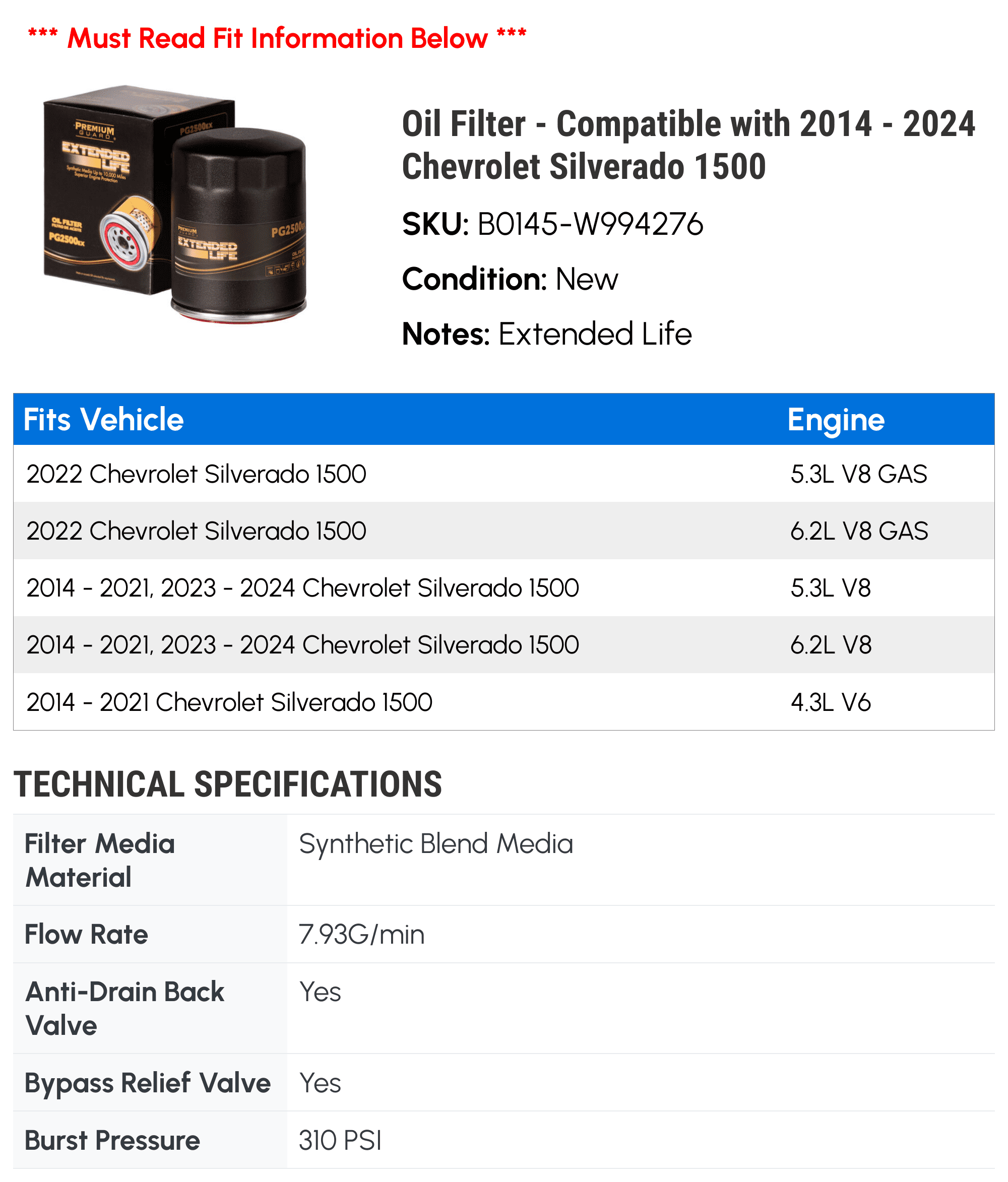 Oil Filter - Compatible with 2014 - 2024 Chevy Silverado 1500 2015 2016 2017 2018 2019 2020 2021 2022 2023
