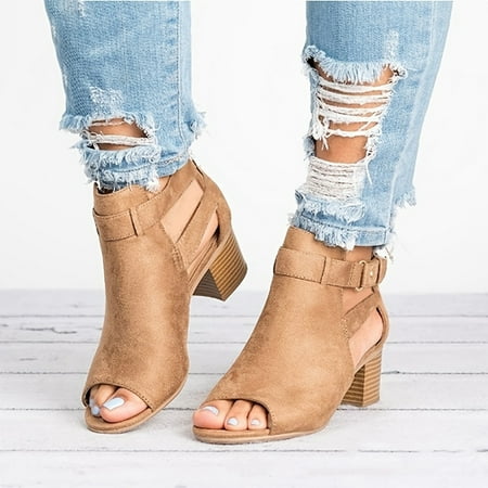 

Women‘s Summer Chunky Heel Sandals Solid Color Ankle Buckle Strap Stacked Heel Shoes Casual Peep Toe Heels