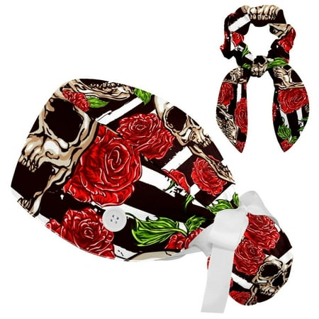 

Working Cap with Buttons and Sweatband Scrub Hat Bouffant Caps with Scrunchie Skull Tie Back Hats