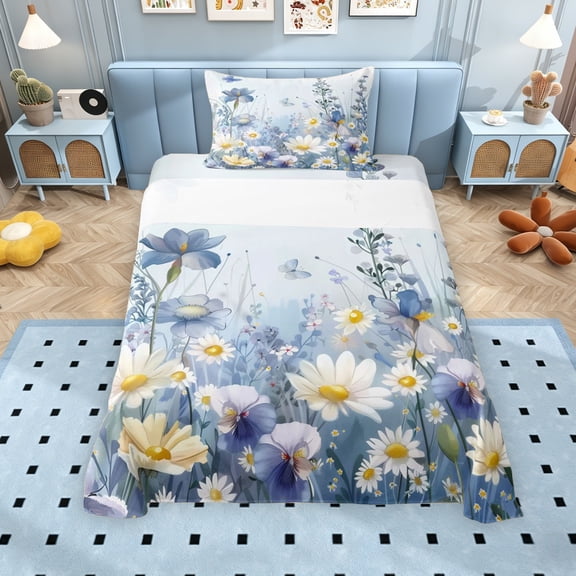Erosebridal Blue White Floral Twin Sheet Sets for Girls, Dreamy Garden Bedding, 3 Pieces, 1 Flat Sheet 1 Fitted Sheet and 1 Pillowcase