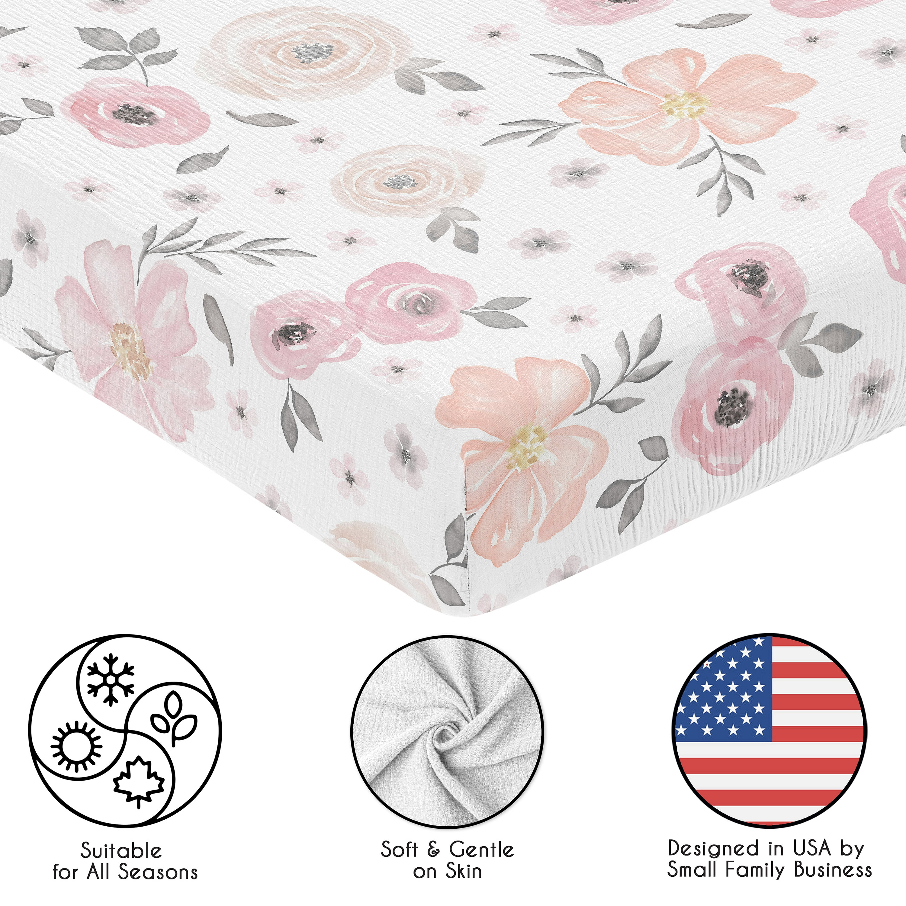 Sweet Jojo Designs Watercolor Floral Pink and Grey Girl 100% Cotton Muslin Fitted Crib Sheet