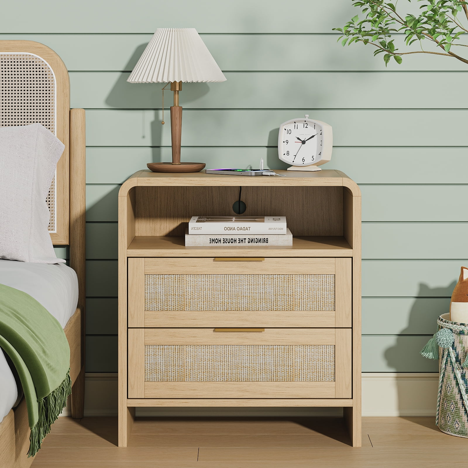Nightstand Sets, Bedside Table Sets, Rattan Nightstand with Integrated Power Outlet, 2 Drawers, Open Shelf, Curved Design, Set of 2 Matching Bedside Tables for Bedroom, Natural Oak