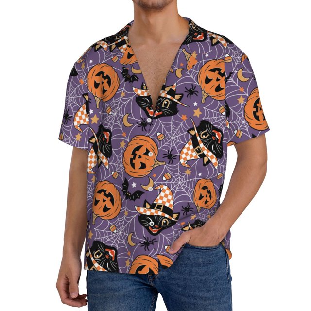 Fotbe Vintage Halloween Black Cat Camisa Estampada de Manga Corta para Hombre, Casual de Verano, Estilo Playero, Sin Arrugas-Medium
