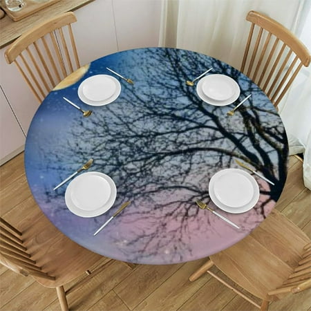 

Patifu Moon Stars Round Tablecloth 100% Polyester Table Cover for Outdoor Picnic Camping and Indoor Kitchen Dining Party 54 -58