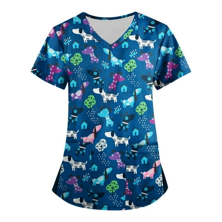 

DNDKILG Scrubs for Women V Neck Short Sleeve Workwear Animal Print Uniform Pockets Scrub Tops Dark Blue L