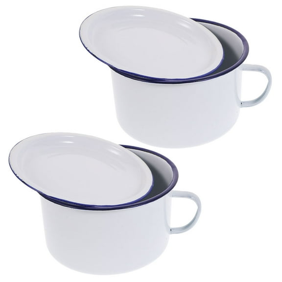 Raindrops Enamel Noodle Bowls with Lids 2-Pack, White Soup and Rice Serving Bowls for Kitchen