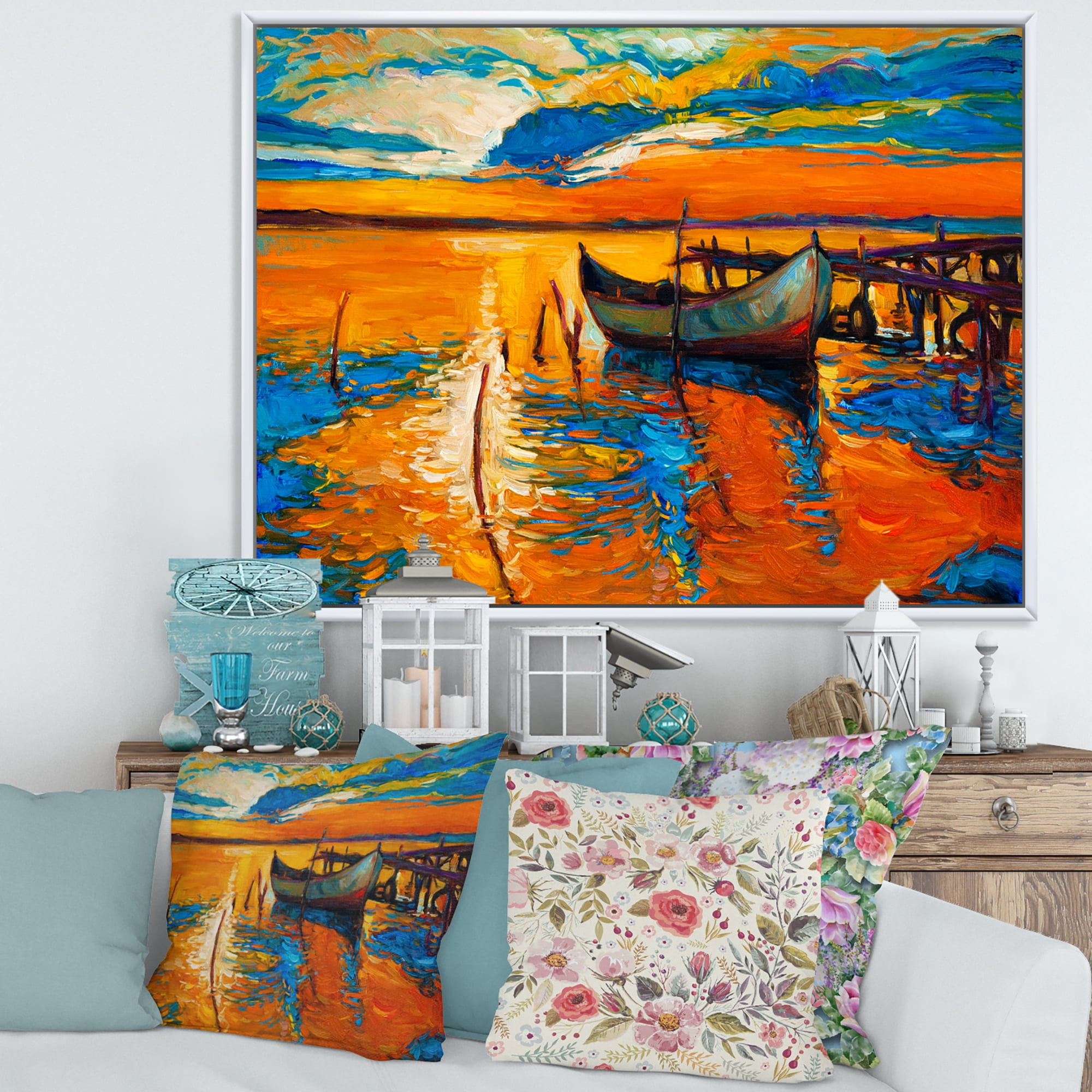 Designart 'Boat At The Lake During Evening Glow VII' Nautical & Coastal Framed Canvas Wall Art Print