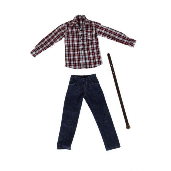 Conjunto de Ropa 5x 1/6 para Figura de 12 "Camisa de Manga Larga Rojos Cinturón de Jeans Azul
